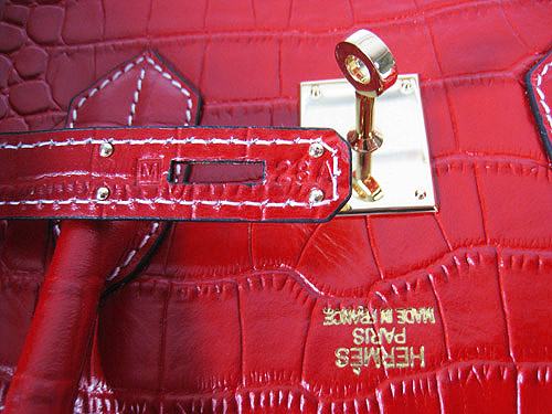 High Quality Fake Hermes Silver Lockpin Birkin 35cm Crocodile Veins Bag Red 6089